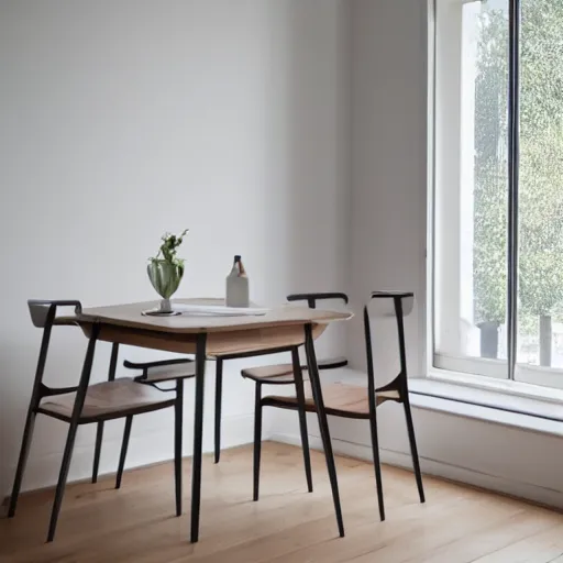 Prompt: a minimal and neutral room with a table and 2 chairs