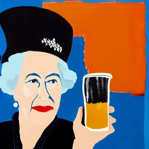 Prompt: queen of england shotgunning a beer, in the style of rothko,