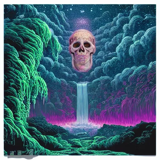 Prompt: ngc 3132 falling waterfall mysterious skull landscape by Casey Weldon, dan mumford 8k ultra high definition, upscaled, edge of the world, image credit nasa nat geo