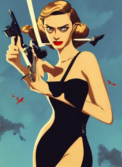 Image similar to Daria Strokous as a Bond Girl in a Retro James Bond movie poster in style of anime, cinematic, Makeup by Pat McGrath, realism, Greg rutkowski, 1990s