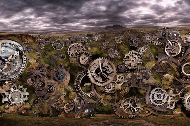 Prompt: A endless dimension of clocks, gears and other mechanical mechanisms, epic landscape shot, panorama