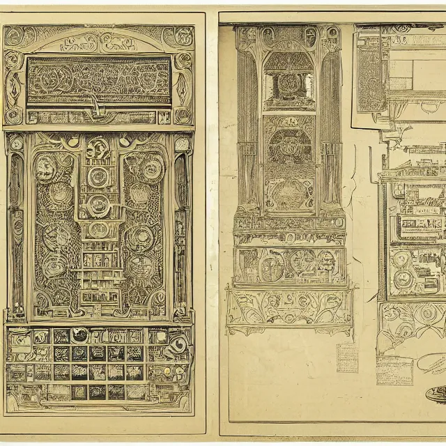 Image similar to beautiful, symmetric, art nouveau, detailed, intricate technical drawings on parchment from 1 8 4 0 with extensive written labels and covered in scribbled pencil notes in open space, for a mechanical display attachment to babbage's difference engine, showing a screen playing tetris, by ron cobb and alphonse mucha