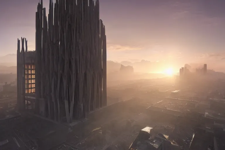 Image similar to an extremely detailed cathedral of brutalist architecture, stunning volumetric light, sunset, metal, concrete and translucent material, stunning skied, 8k, by Greg Rutkowski