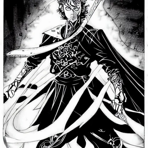 Image similar to pen and ink!!!! attractive 22 year old deus ex!! Black Clover Frank Zappa x Ryan Gosling golden!!!! Vagabond!!!! floating magic swordsman!!!! glides through a beautiful!!!!!!! battlefield magic the gathering dramatic esoteric!!!!!! pen and ink!!!!! illustrated in high detail!!!!!!!! by Hiroya Oku!!!!!!!!! Written by Ridley Scott graphic novel published on Cartoon Network MTG!!! 2049 award winning!!!! full body portrait!!!!! action exposition manga panel