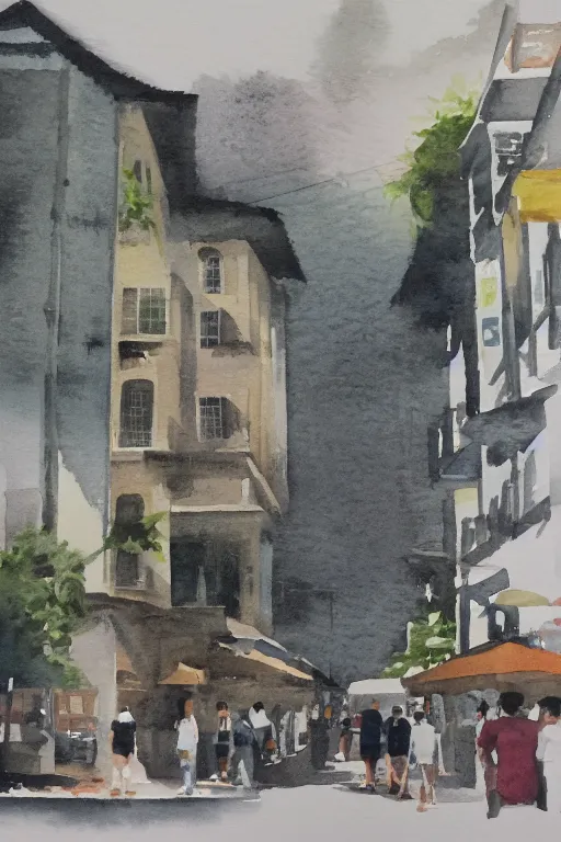 Image similar to a watercolor depicting a singapore katong, gloomy weather, high contrast, smooth, by joseph zbikowicz, 8 k