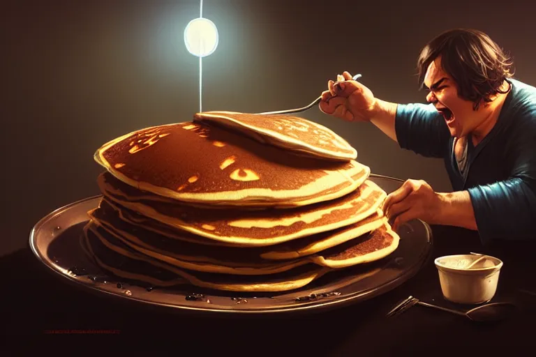 Image similar to jack black inside pancakes, hyper detailed, digital art, artstation, cinematic lighting, studio quality, smooth render, by caravaggio, artgerm, greg rutkowski