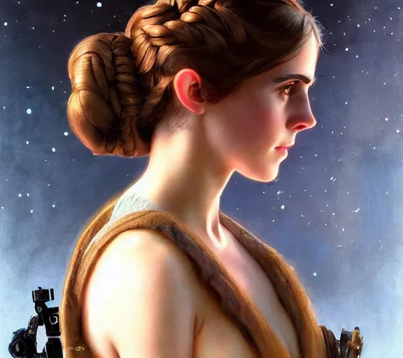 Image similar to photography of a sensual emma watson dressed like princess leia slave girl outfit star wars, deep focus, intricate, elegant, highly detailed, digital painting, artstation, concept art, matte, sharp focus, illustration, art by artgerm and greg rutkowski and alphonse mucha and gil elvgren