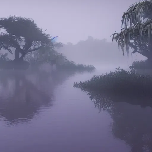 Prompt: artistic swamp with mystic fog, ancient vegetation, water on the foreground, from horror movies, artstation, low poly