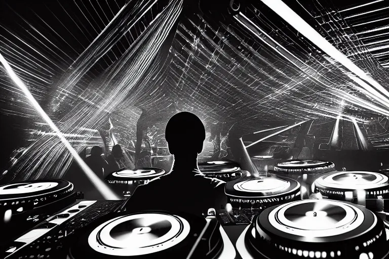 Image similar to beautiful digital art of a dj on stage spinning records with headphones looking over crowd dancing at a club by moebius and hans rudi giger, silhouette, volumetric lighting, haze, moving heads light beams, spot lights, disco ball, trending on artstation, 4k, unreal engine, intricate, ornate