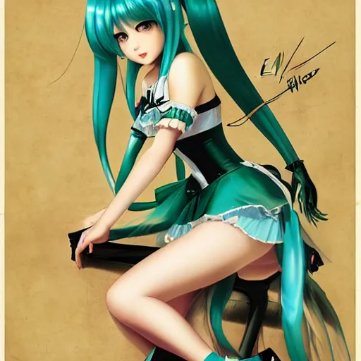 Image similar to Hatsune Miku by Elvgren, Moran, Vargas