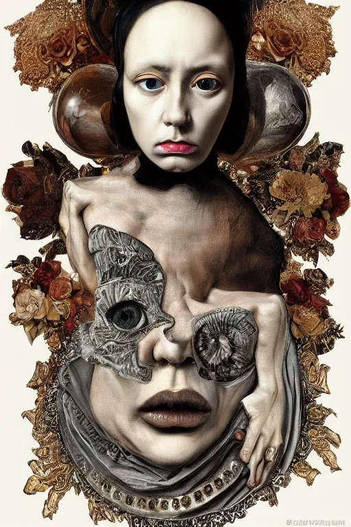 Image similar to Detailed maximalist portrait with large lips and with large eyes, angry expression, HD mixed media, 3D collage, highly detailed and intricate illustration in the style of Caravaggio, dark art, baroque