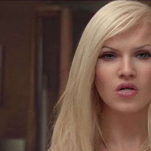 Prompt: obsessed blonde woman reaction image, movie still