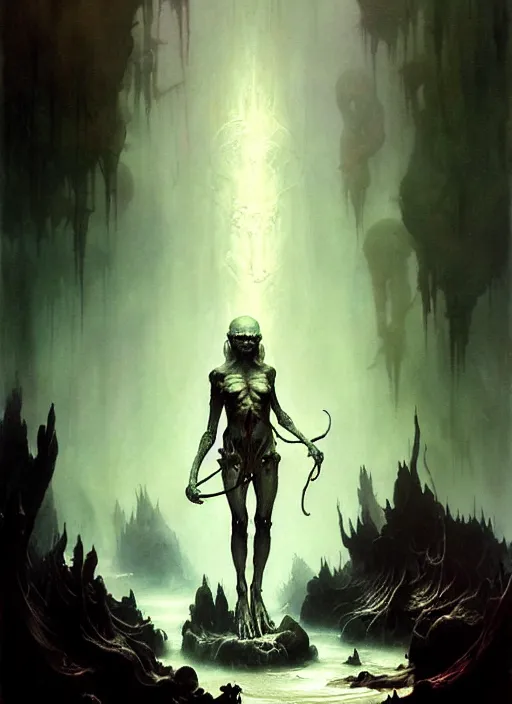 Image similar to shackled in styx river of the underworld, frank frank frazetta and cgsociety, stunning sasquatch, blood splatters, charlie bowater and tom bagshaw, insanely detailed, deviantart, space art, atoms surrounded by skulls, death, and spirits deep water, horror, sci - fi, surrealist painting, by peter mohrbacher