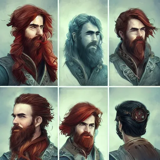 Image similar to rugged ship captain, 3 0 years old, male, handsome, masculine, red hair, long hair, soft hair, fantasy, intricate, elegant, highly detailed, steampunk, airship, digital painting, artstation, concept art, character art, smooth, sharp focus, illustration, art by artgerm
