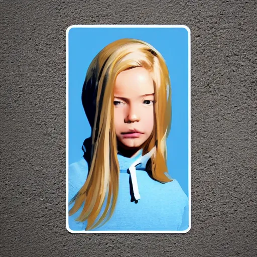 Prompt: greg manchess portrait sticker of a beautiful teen girl with blonde hair, wearing a blue hoodie, medium shot, asymmetrical, swedish, sticker, profile picture, organic painting, matte painting, bold shapes, hard edges, street art, trending on artstation, by huang guangjian and gil elvgren and sachin teng