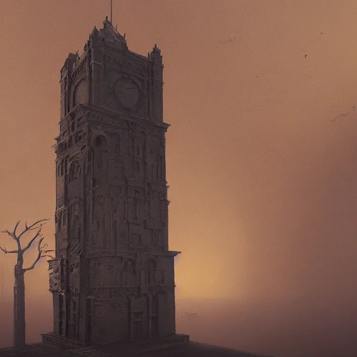 Image similar to a beautiful painting of a clock tower by zdzisław beksinski, rene magritte, greg rutkowski, in style of digital art. hyper detailed. octane render. maya. ray tracing. trending on artstation