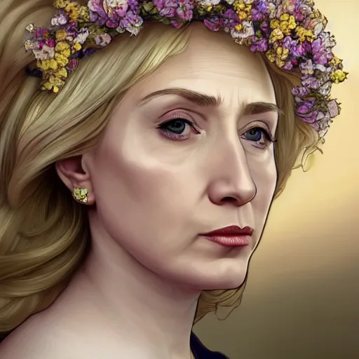 Image similar to side portrait of Hillary Clinton, blond hair, flower crown, white dress, headshot, hyper realistic, pale skin, 4k, rule of thirds, beautiful eyes, extreme detail, detailed drawing, trending artstation, hd, fantasy, D&D, realistic lighting, by Alphonse Mucha, Greg Rutkowski, sharp focus, backlit, elegant