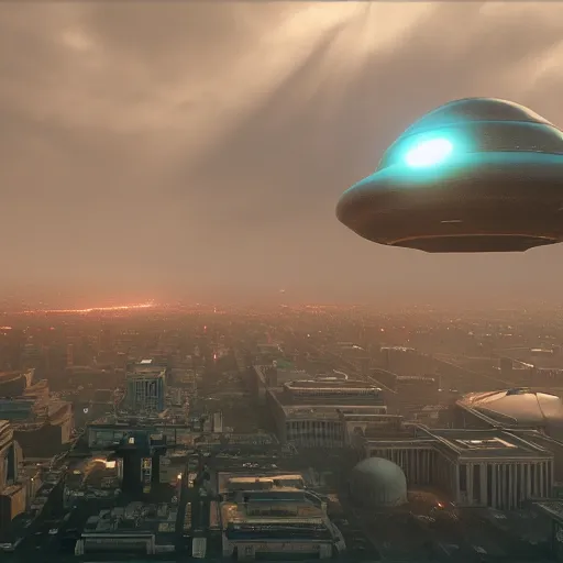 Image similar to alien ufo destroying philadelphia, artstation, volumetric lighting