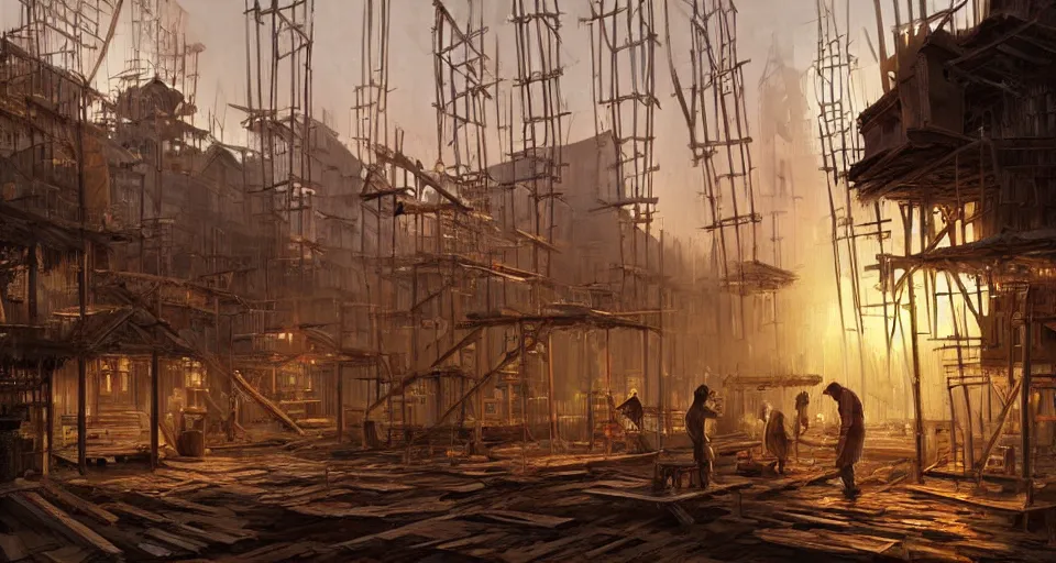 Image similar to book illustration of small wooden village under construction. Wooden scaffolding and workers. Atmospheric beautiful by Eddie mendoza and Craig Mullins. volumetric lights