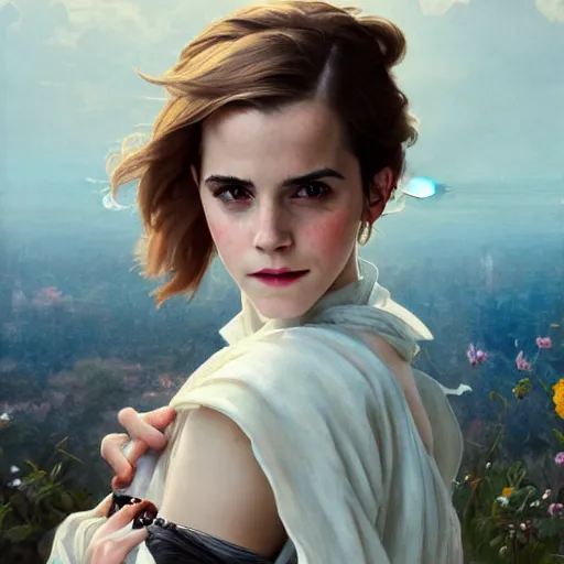 Prompt: emma watson, 8 k, depth of field, 3 d, art by artgerm and greg rutkowski and alphonse mucha and uang guangjian and gil elvgren and sachin ten