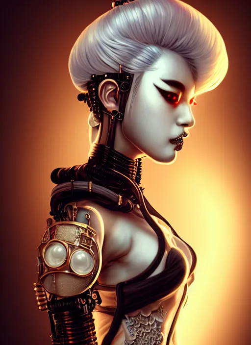 Image similar to soft lustrous ivory ebony geisha yakuza raver gutter punk gothic biotech steampunk cyborg, golden ratio, details, scifi, fantasy, cyberpunk, intricate, decadent, highly detailed, digital painting, octane render, artstation, concept art, smooth, sharp focus, illustration, art by artgerm, loish, wlop