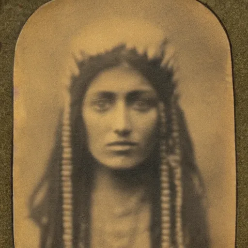 Prompt: Ancient Sumer, Sumerian woman, 2600 BC, tintype photograph, Sumerian town, Ancient photograph