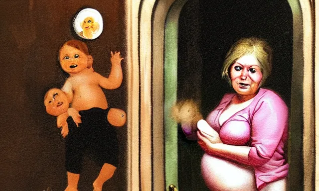 Prompt: pregnant woman in a doorway holding a flesh monstrosity like a baby fantasy painting