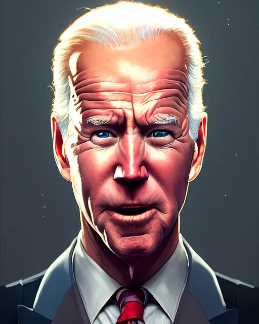 Image similar to highly detailed vfx portrait of a drooling joe biden, stephen bliss, unreal engine, greg rutkowski, loish, rhads, beeple, makoto shinkai and lois van baarle, ilya kuvshinov, rossdraws, tom bagshaw, alphonse mucha, global illumination, detailed and intricate environment