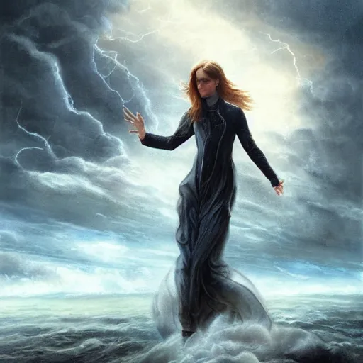 Image similar to emma watson bowing before a hurricane, summoning a storm to wipe louisiana off the map, dramatic sorcery, stormcaller, art by tom bagshaw