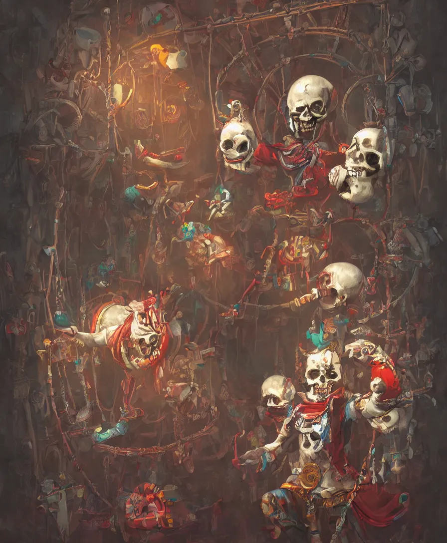 Image similar to skull clown inside a circus, artstation, concept art, illustration, by Greg Rutkowsk