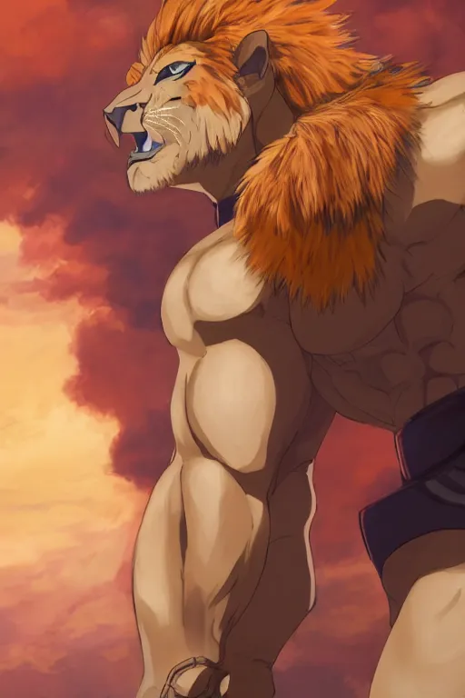 Image similar to muscular lion barbarian wearing a holding a sword, fursona, anthro, male, anime key visual, detailed orange fur, loincloth, makoto shinkai, portrait