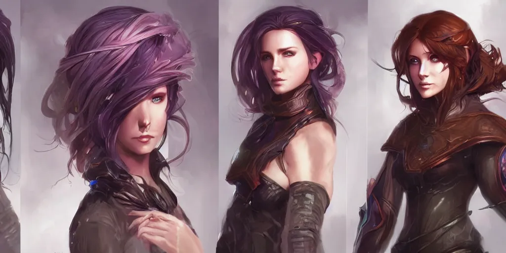 Image similar to concept art of beautiful irish female netrunner d & d video game characters head designs, unique hair designs, by marc brunet and artgerm