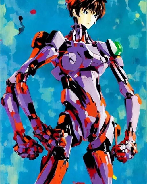 Prompt: evangelion unit 0 1 portrait, by ashley wood, yoji shinkawa, jamie hewlett, 6 0's french movie poster, french impressionism, vivid colors, palette knife and brush strokes