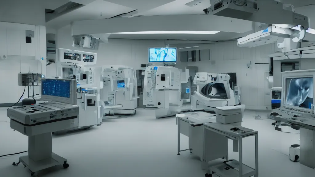 Prompt: an mri image machine and control panels in the inspection room, film still from the movie directed by denis villeneuve with art direction by salvador dali, wide lens