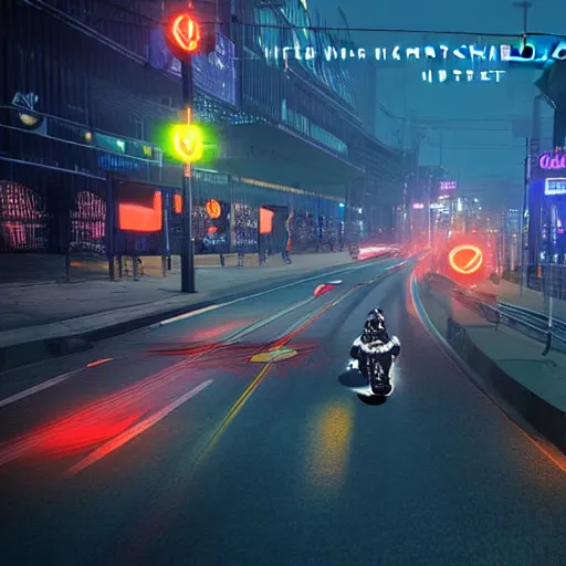 Image similar to extremely detailed and complex poster for night time motorcycle video game, night time, motorcycle, fog, mist, buildings, city, traffic signs, barriers