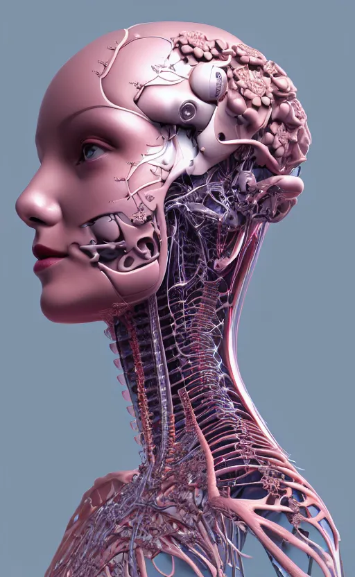 Prompt: 3D render of a beautiful profile face portrait of a female cyborg, 150 mm, flowers, Mandelbrot fractal, anatomical, flesh, facial muscles, wires, microchip, veins, arteries, full frame, microscopic, elegant, highly detailed, flesh ornate, elegant, high fashion, rim light, octane render in the style of H.R. Giger and Bouguereau