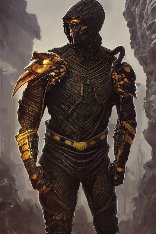 Image similar to ultra realistic illustration, scorpion from mortal kombat dressed like a wakandan warrior, hacknaut cyberpunk, sci - fi, fantasy, intricate, elegant, highly detailed, digital painting, artstation, concept art, smooth, sharp focus, illustration, art by artgerm and greg rutkowski and alphonse mucha