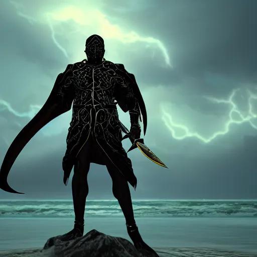 Image similar to A powerful handsome broad shouldered necromancer of jet black skin holding an exquisite sword standing at a distance. He gazes by the stormy sea and oozes extreme power and magic. Whole scene is powerful and magical and stunning to watch. Aesthetic!!!!!!, Unreal engine, 8k, trending on artstation, sharp focus, highly detailed, concept art, ultra HD, intricate, elegant,