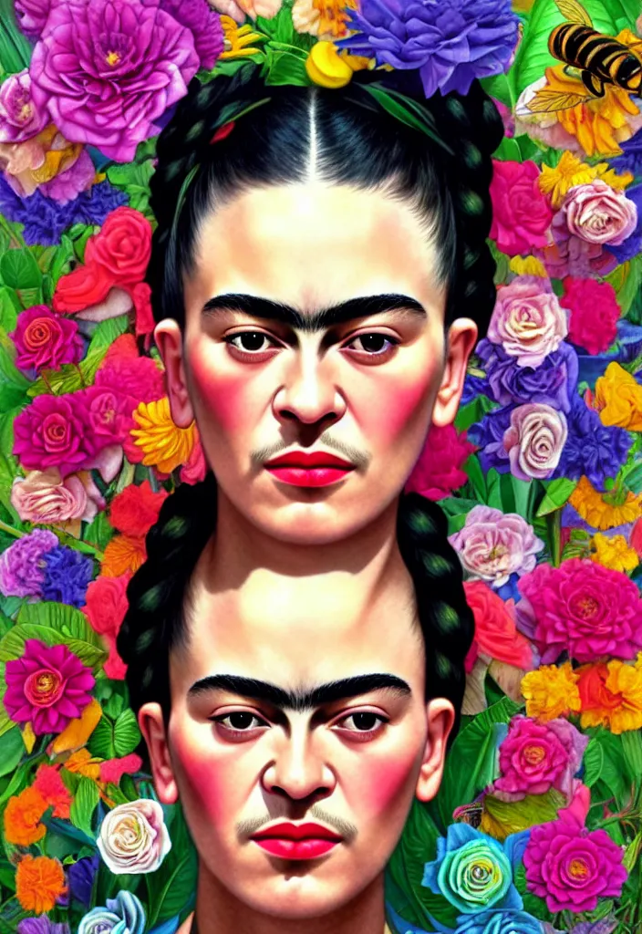 Image similar to young beautiful frida kahlo, gorgeous face, vaporwave aesthetic, synthwave, colorful, psychedelic, artstation, flowers, bees, ribbons, concept art, smooth, extremely sharp detail, finely tuned detail, 8 k, unreal engine 5, ultra sharp focus, illustration, art by artgerm and greg rutkowski and alphonse mucha