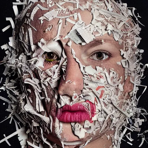 Prompt: face shredded like paper as skin peeling, dark, surreal, illustration, by ally burke