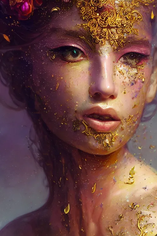 Prompt: face closeup of beautiful girl in intricate detailed color smashing fluid oilpaint, 3 d render, hyper realistic detailed portrait, color leaves, melting wax explosion, ornate headpiece, elegant outfit, broken mirror, ruan jia, wlop. scifi, fantasy, hyper detailed, octane render, concept art, by peter mohrbacher, by wlop, by ruan jia