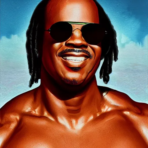 Image similar to stevie wonder with the physique of a body builder, hyper realistic, ultra detailed, cinematic, dynamic lighting, photorealistic, refined, intricate, digital art, digital painting, masterpiece, 8k