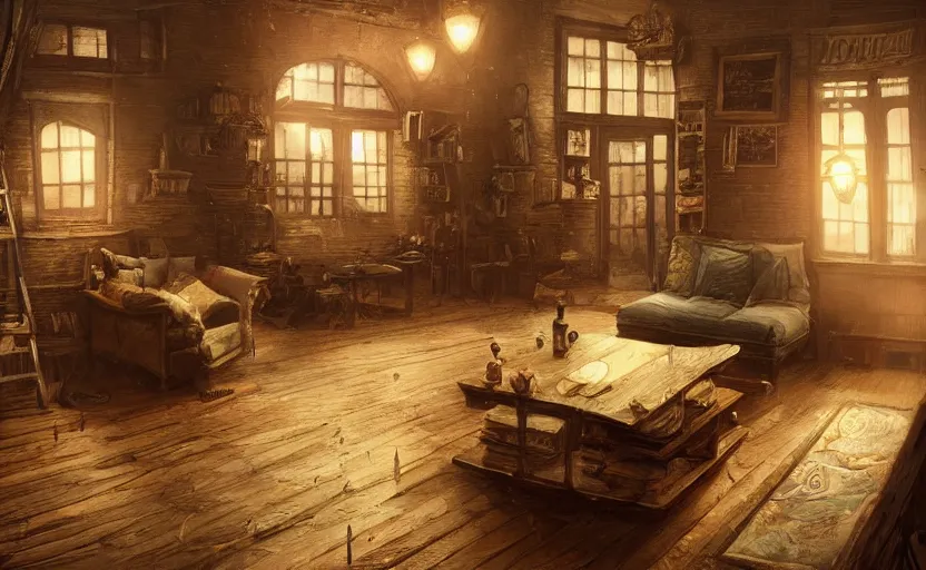 Prompt: A cozy old victorian loft, cinematic and atmospheric lighting, very coherent, highly detailed, concept art, trending on artstation