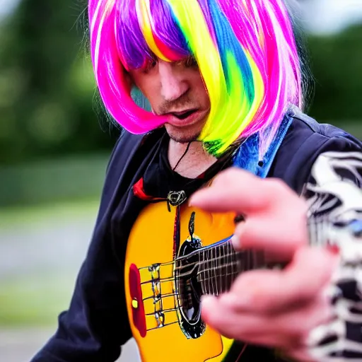 Prompt: a photo of an american german pshyco guitarist wearing a colourful wig and leather shorts