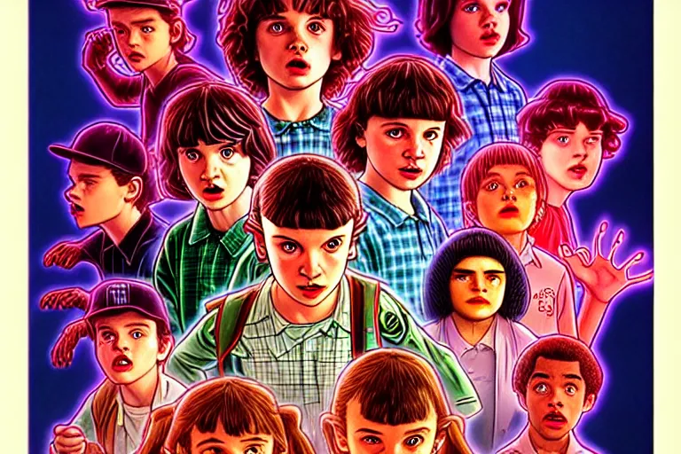 Image similar to closeup shot from the animated version of Stranger Things by Matt Groening, cartoon, detailed faces, high resolution, hyper detailed, intricate, illustrated, dramatic lighting, illustration, artstation, concept art, smooth, sharp focus, art by Alphonse Mucha and Matt Groening !n-9