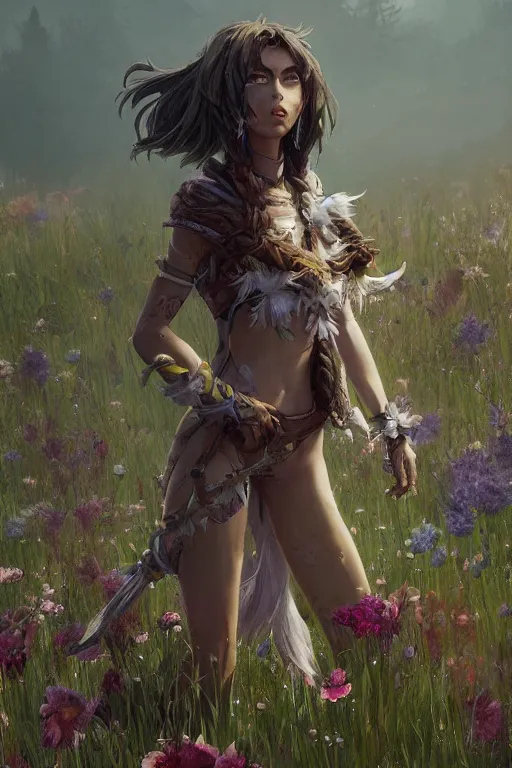 Prompt: A high fantasy wolf girl standing in the middle of the field of flowers by Eddie Mendoza face close up official media beautiful detailed high quality