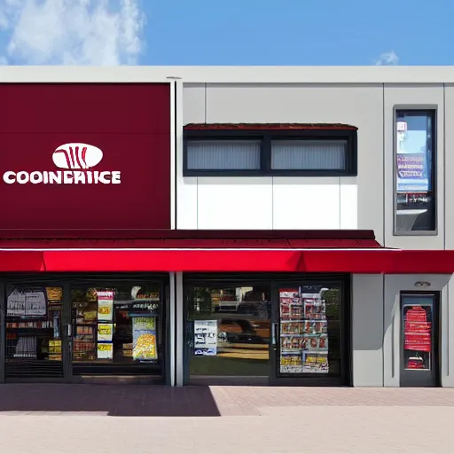 Prompt: Shopfront of a convenience store in anthracite with red burgundy details, award winning architectural design, best of retail