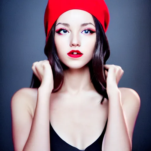 Image similar to beauty photographic portrait of half - length portrait of stunning girl in a red hat and black dress, kodak portra 4 0 0, 8 k, soft light, volumetric lighting, highly detailed,,