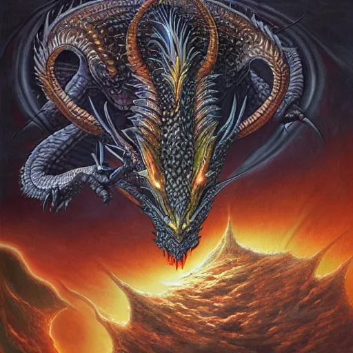 Image similar to an alien dragon demigod descending from the cosmos to consume the earth, by dan seagrave art