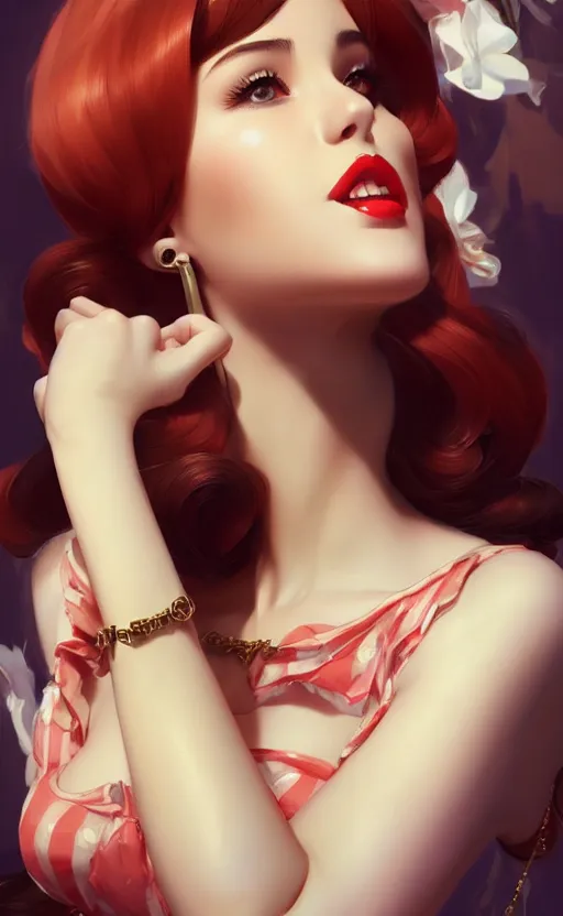 Image similar to a gorgeous pin up and beautiful fashion charming dreamlke italian girl with lv jewelry, character art, art by artgerm lau and wlop and and ilya kuvshinov and john singer sargent, hyperdetailed, 8 k realistic, symmetrical, frostbite 3 engine, cryengine, dof, trending on artstation, digital art